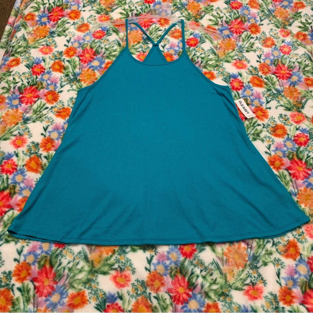 Women’s Large OLD NAVY Teal Ribbed Thin Strap Racerback Long Swing Top NWT